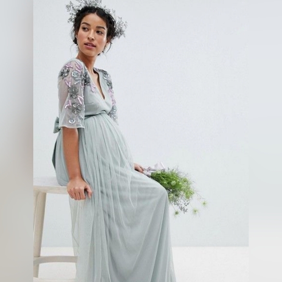 Elegant Sage Green Embellished Women's Maternity Dress - Picture 1 of 9